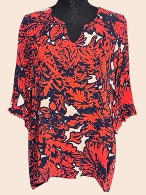 Vibrant Coral & Navy Floral Tunic Top